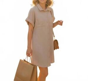 NEW SHE + SKY cuffed sleeve mini shirt dress in beige